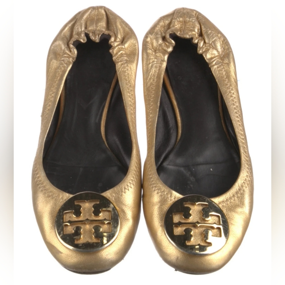 Tory Burch Metallic Gold Reva Leather Flats. Size: 8.